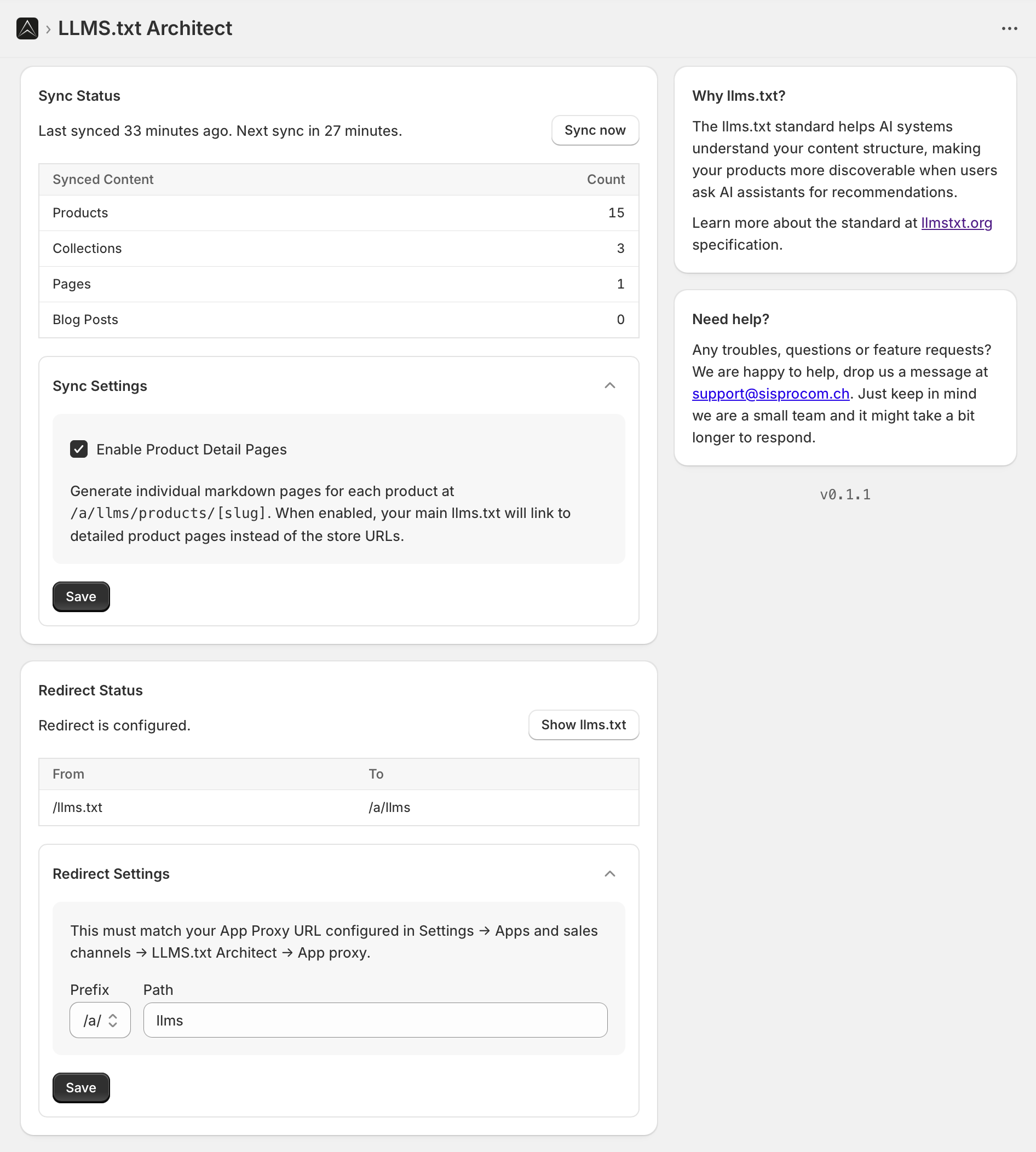 llms.txt Dashboard showing sync status, synced content count, and settings